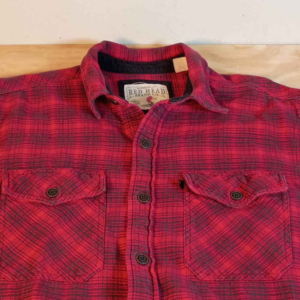 RedHead Mens Medium Red Plaid Button Down Flannel Shirt Long Sleeve